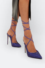Crystal Embellished Lace Up Pointed Toe Court Stiletto Heel - Blue