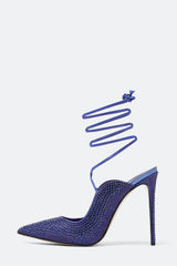 Crystal Embellished Lace Up Pointed Toe Court Stiletto Heel - Blue
