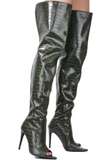 Crocodile-Effect Peep Toe Thigh High Stiletto Boots - Black