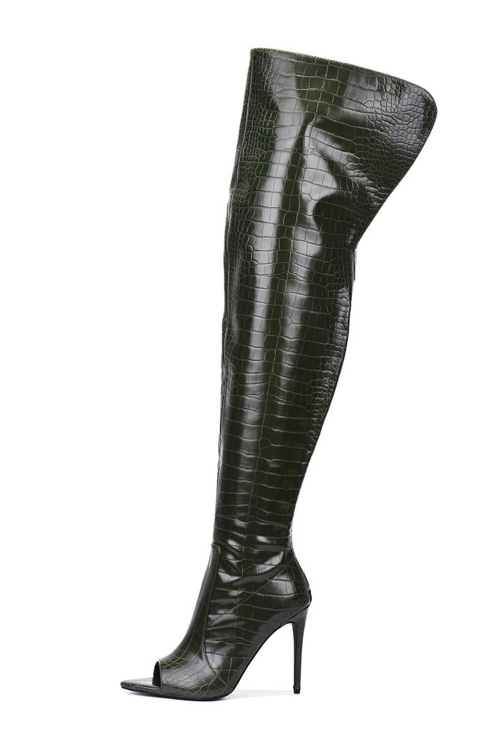 Crocodile-Effect Peep Toe Thigh High Stiletto Boots - Black