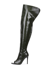 Crocodile-Effect Peep Toe Thigh High Stiletto Boots - Black
