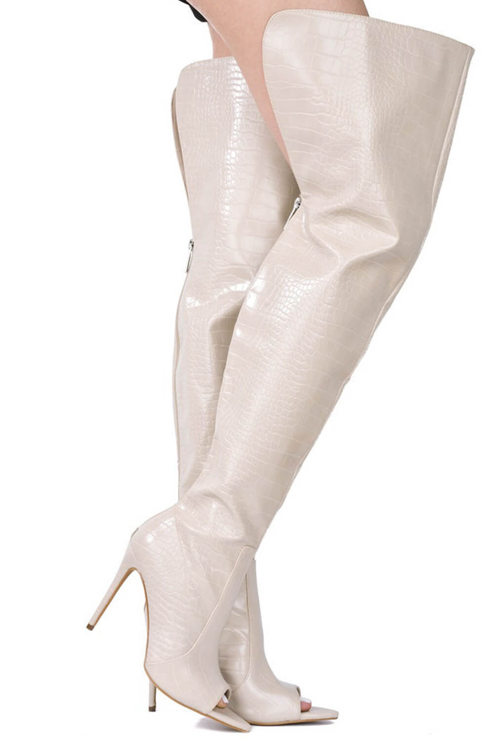 Crocodile-Effect Peep Toe Thigh High Stiletto Boots - White