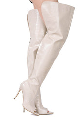 Crocodile-Effect Peep Toe Thigh High Stiletto Boots - White