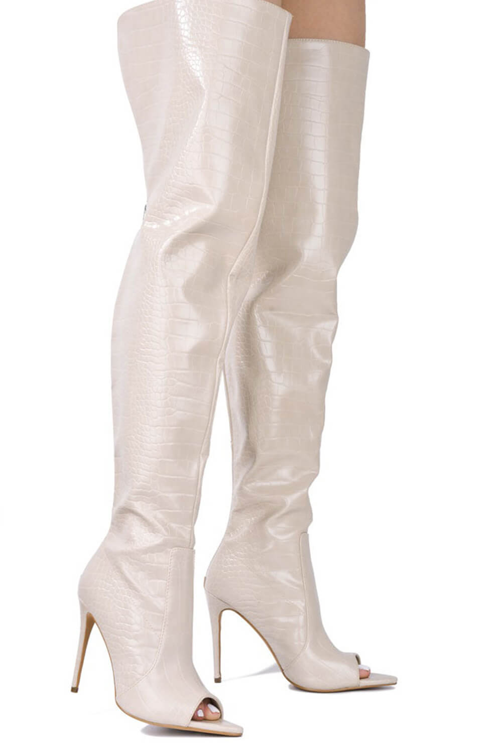 Crocodile-Effect Peep Toe Thigh High Stiletto Boots - White