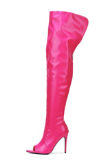 Crocodile-Effect Peep Toe Thigh High Stiletto Boots - Hot Pink