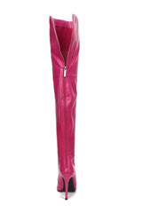 Crocodile-Effect Peep Toe Thigh High Stiletto Boots - Hot Pink