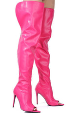 Crocodile-Effect Peep Toe Thigh High Stiletto Boots - Hot Pink