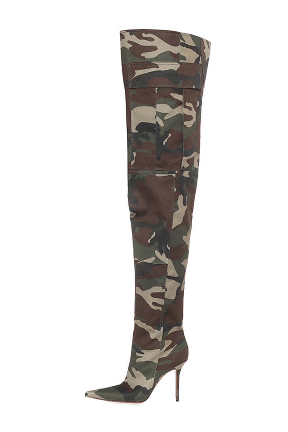 Camo Canvas Pocket Pointy Toe Over-The-Knee High Stiletto Boots