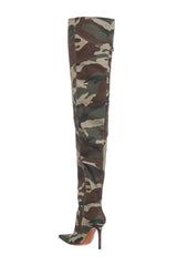 Camo Canvas Pocket Pointy Toe Over-The-Knee High Stiletto Boots