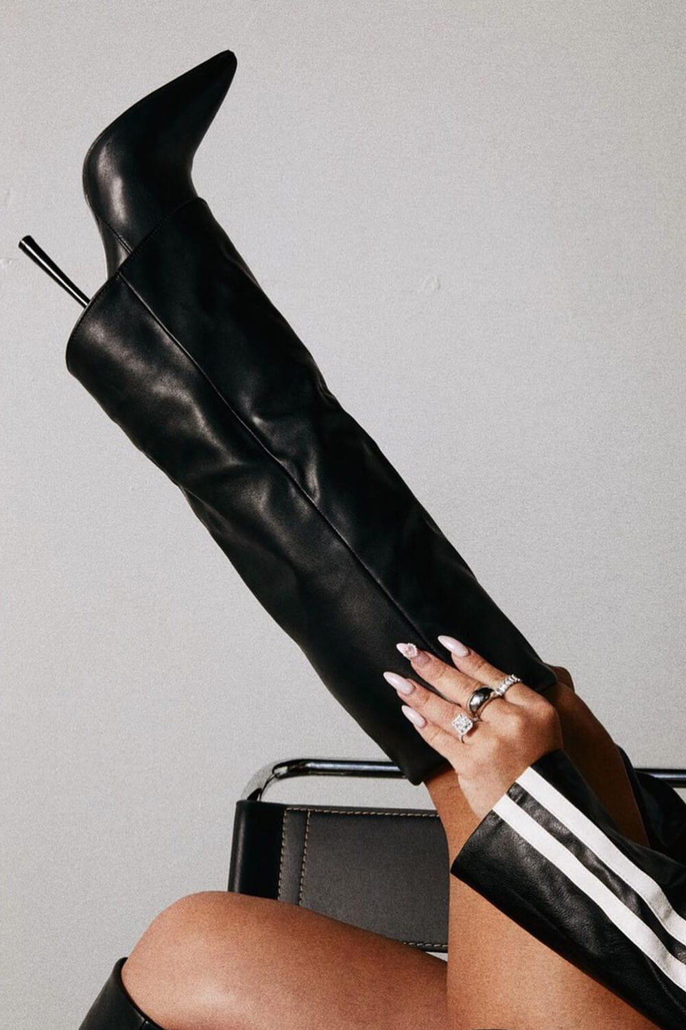 Black Faux Leather Folded Over Knee High Stiletto Heeled Boots