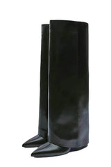 Black Faux Leather Folded Over Knee High Stiletto Heeled Boots