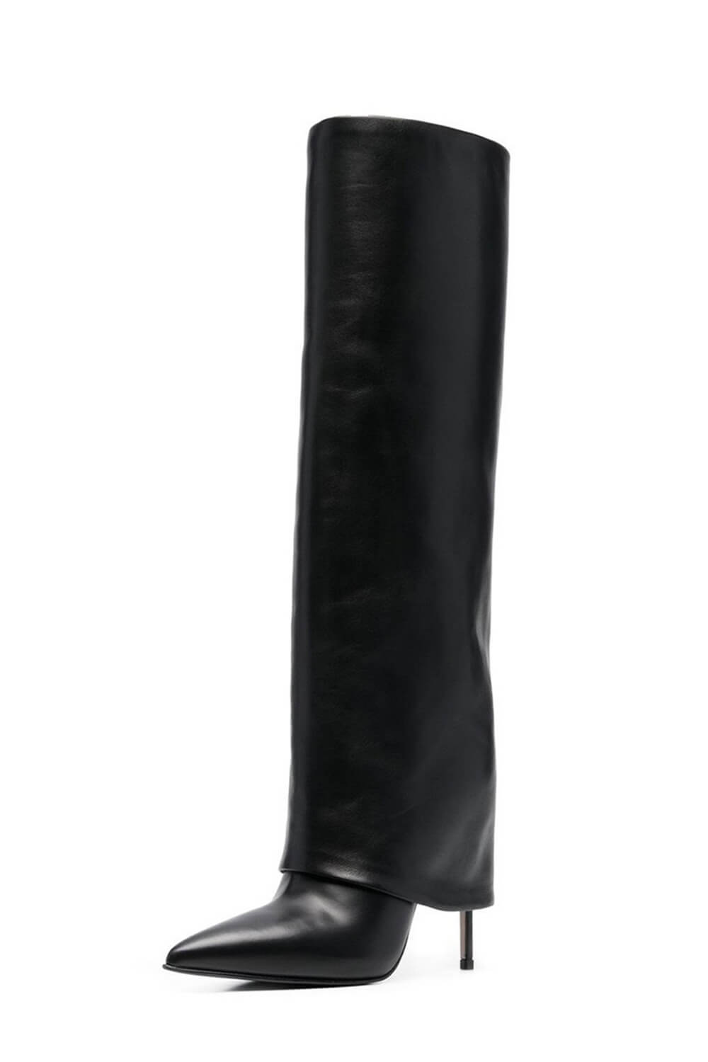 Black Faux Leather Folded Over Knee High Stiletto Heeled Boots