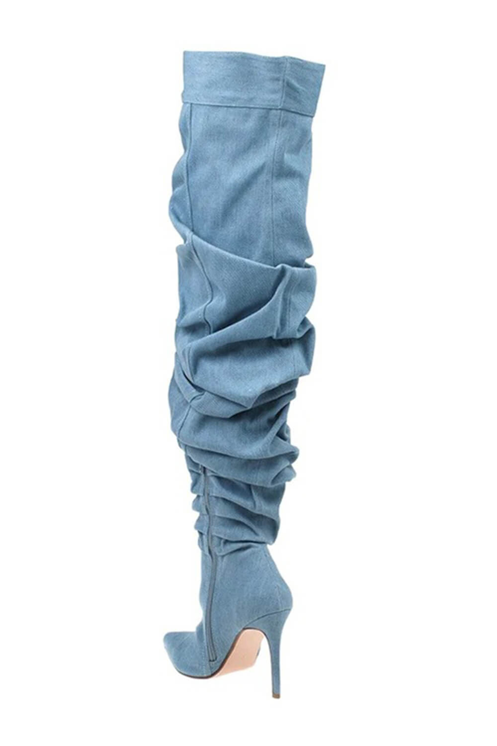 Denim Ruched Over-The-Knee Pointed Toe Stiletto Boots - Light Blue