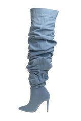 Denim Ruched Over-The-Knee Pointed Toe Stiletto Boots - Light Blue