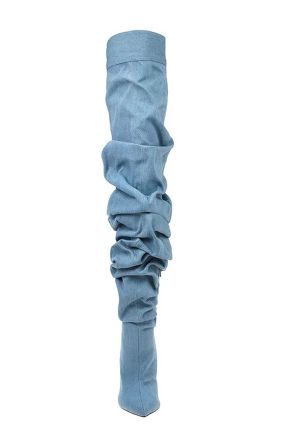 Denim Ruched Over-The-Knee Pointed Toe Stiletto Boots - Light Blue
