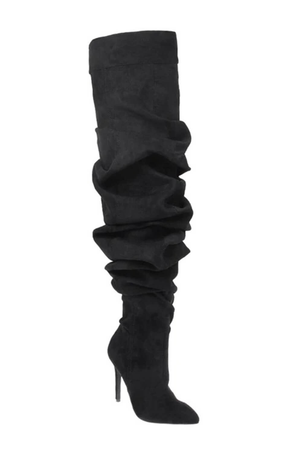 Denim Ruched Over-The-Knee Pointed Toe Stiletto Boots - Black
