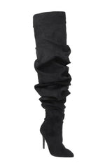 Denim Ruched Over-The-Knee Pointed Toe Stiletto Boots - Black