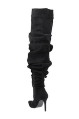 Denim Ruched Over-The-Knee Pointed Toe Stiletto Boots - Black