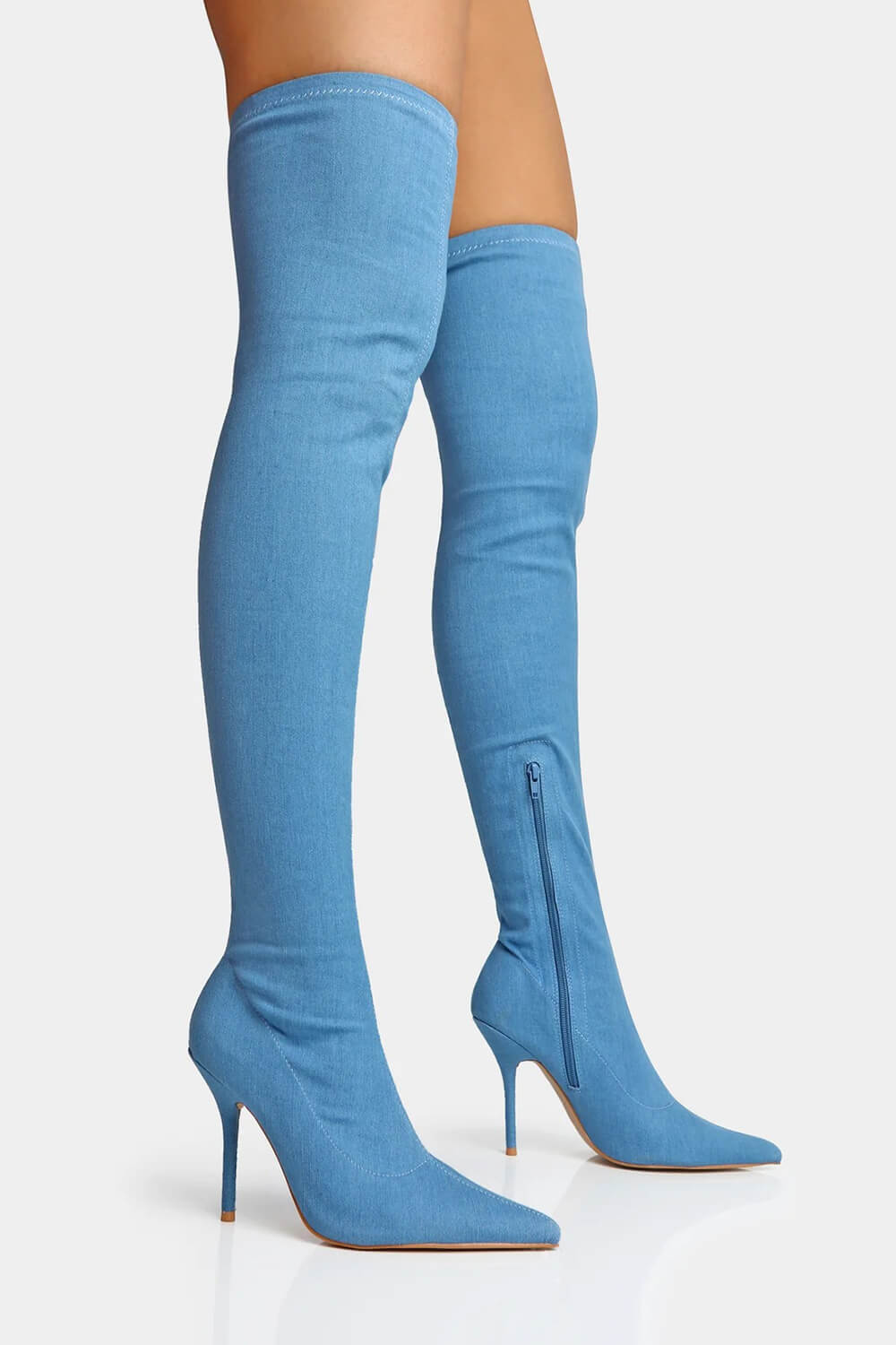 Blue Denim Seam Detail Pointed Toe Thigh High Stiletto Boots