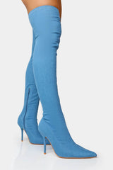 Blue Denim Seam Detail Pointed Toe Thigh High Stiletto Boots