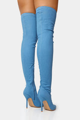 Blue Denim Seam Detail Pointed Toe Thigh High Stiletto Boots