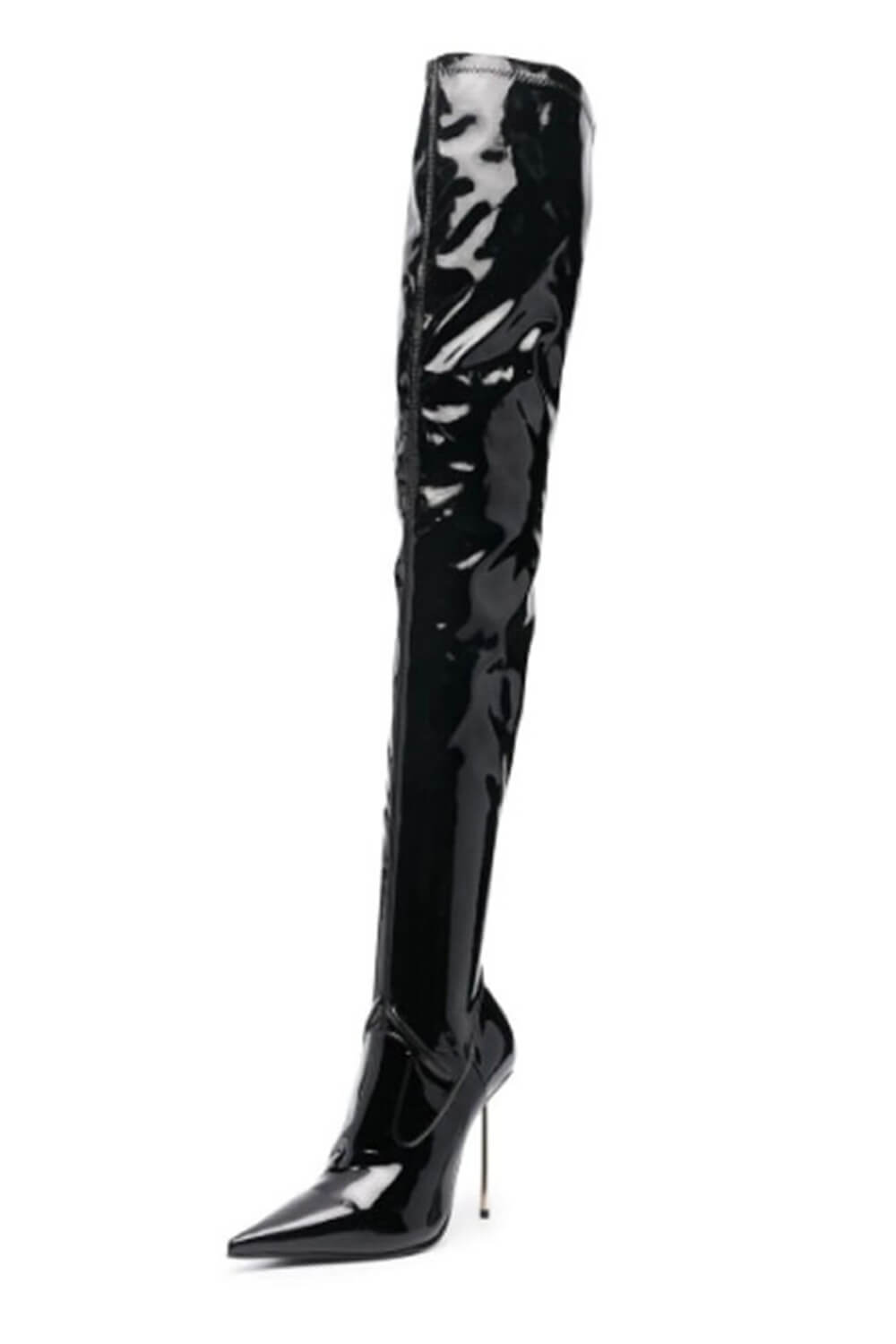 Patent Pointed Toe Thigh High Stiletto Boots - Black