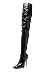 Patent Pointed Toe Thigh High Stiletto Boots - Black
