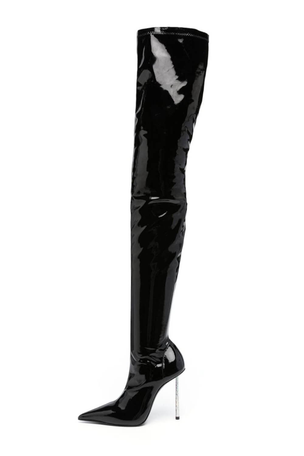 Patent Pointed Toe Thigh High Stiletto Boots - Black