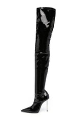 Patent Pointed Toe Thigh High Stiletto Boots - Black