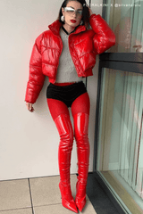 Patent Pointed Toe Thigh High Stiletto Boots - Red