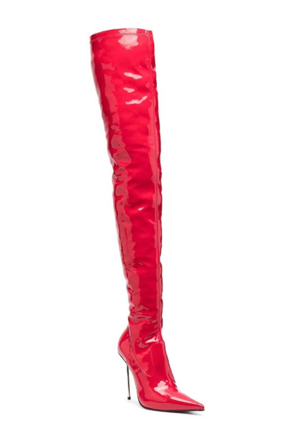 Patent Pointed Toe Thigh High Stiletto Boots - Red