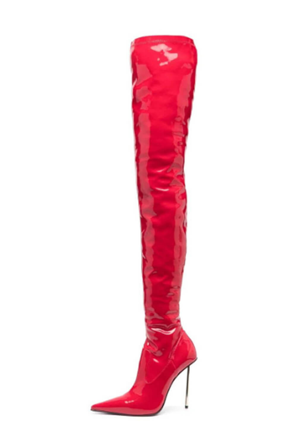 Patent Pointed Toe Thigh High Stiletto Boots - Red