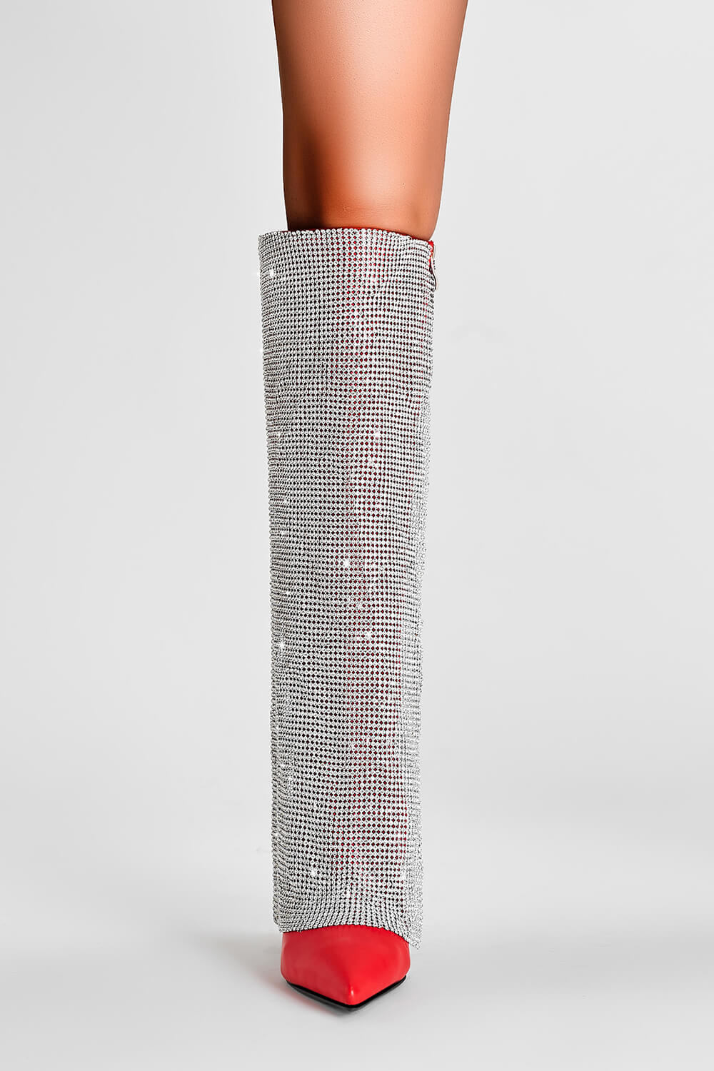 Rhinestone Mesh Overlay Pointed Toe Knee High Stiletto Boots - Red