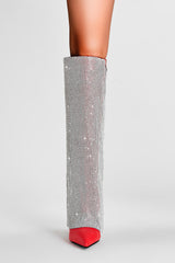 Rhinestone Mesh Overlay Pointed Toe Knee High Stiletto Boots - Red