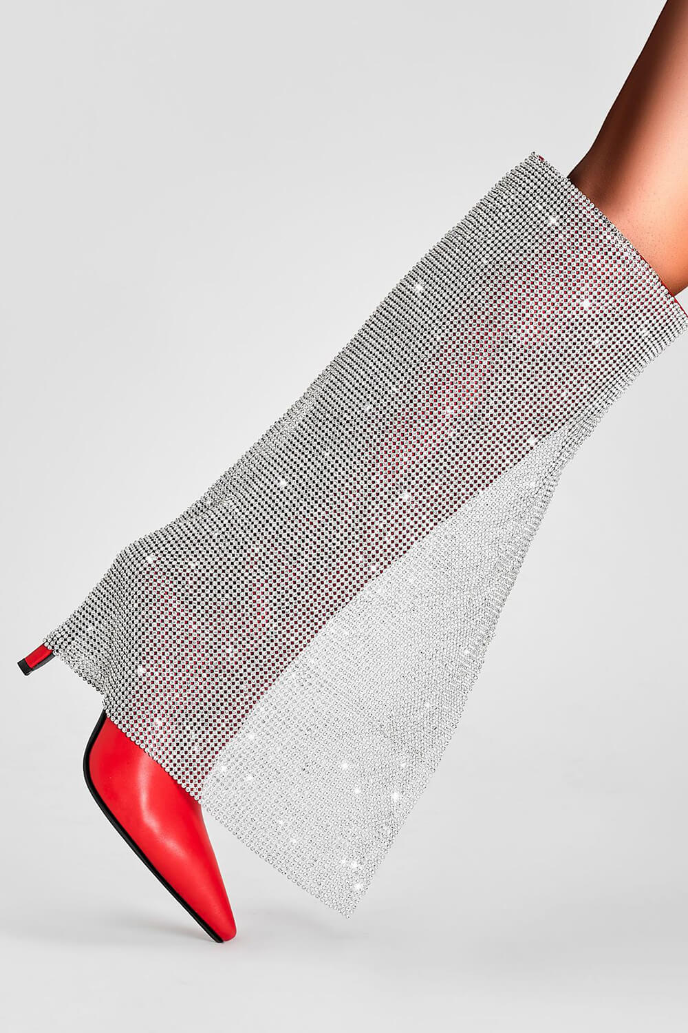 Rhinestone Mesh Overlay Pointed Toe Knee High Stiletto Boots - Red