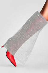 Rhinestone Mesh Overlay Pointed Toe Knee High Stiletto Boots - Red