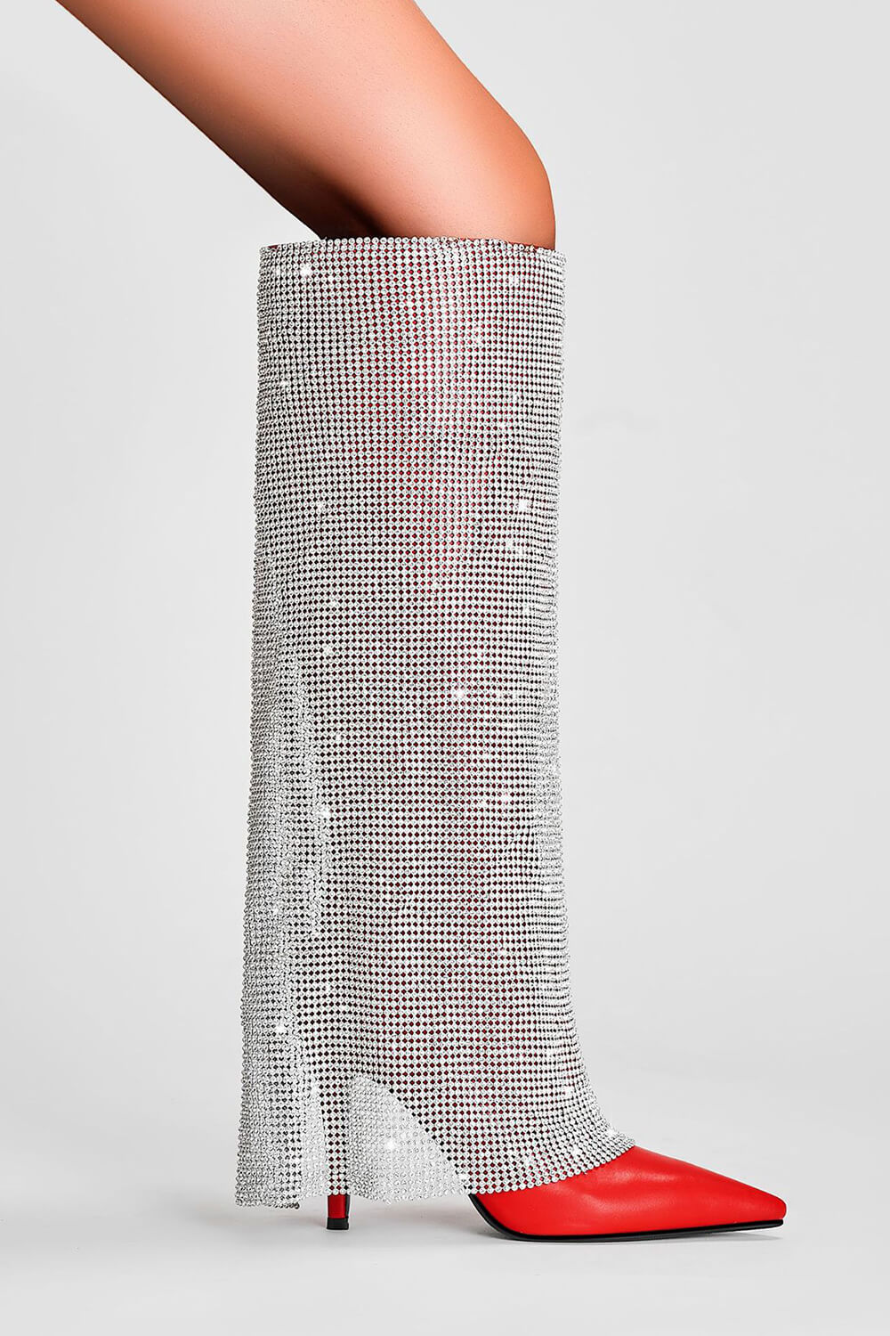 Rhinestone Mesh Overlay Pointed Toe Knee High Stiletto Boots - Red
