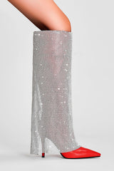 Rhinestone Mesh Overlay Pointed Toe Knee High Stiletto Boots - Red