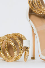 Faux Snake Print Ankle Spiral Open Square Toe Stiletto Sandals - White