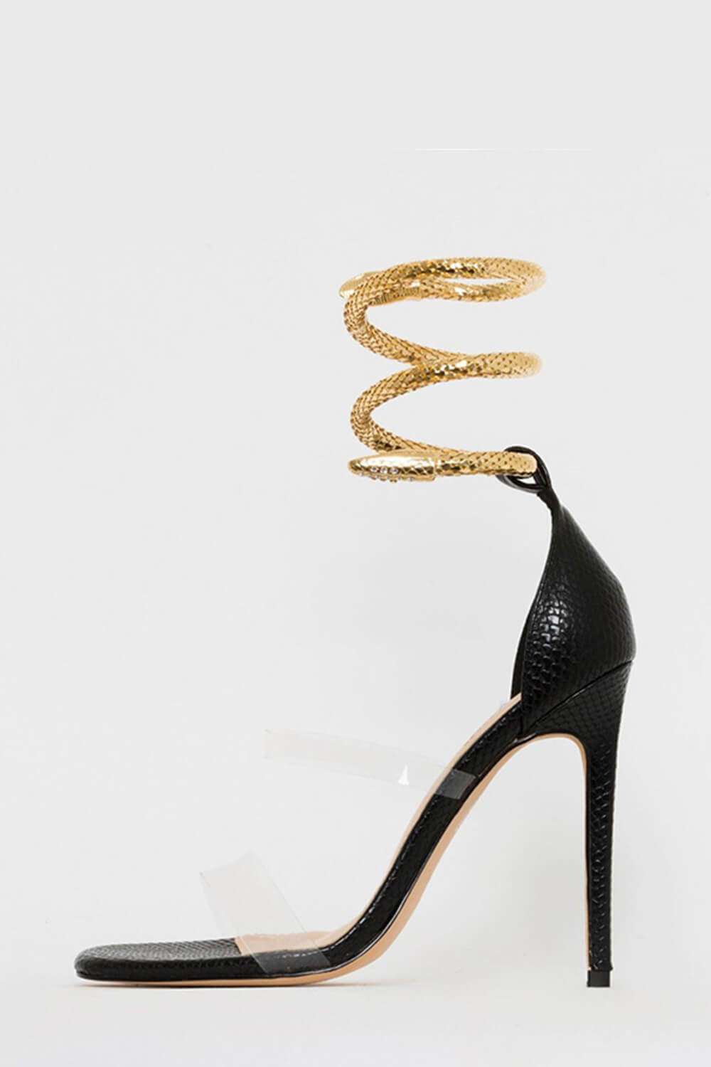 Faux Snake Print Ankle Spiral Open Square Toe Stiletto Sandals - Black