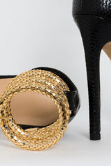 Faux Snake Print Ankle Spiral Open Square Toe Stiletto Sandals - Black