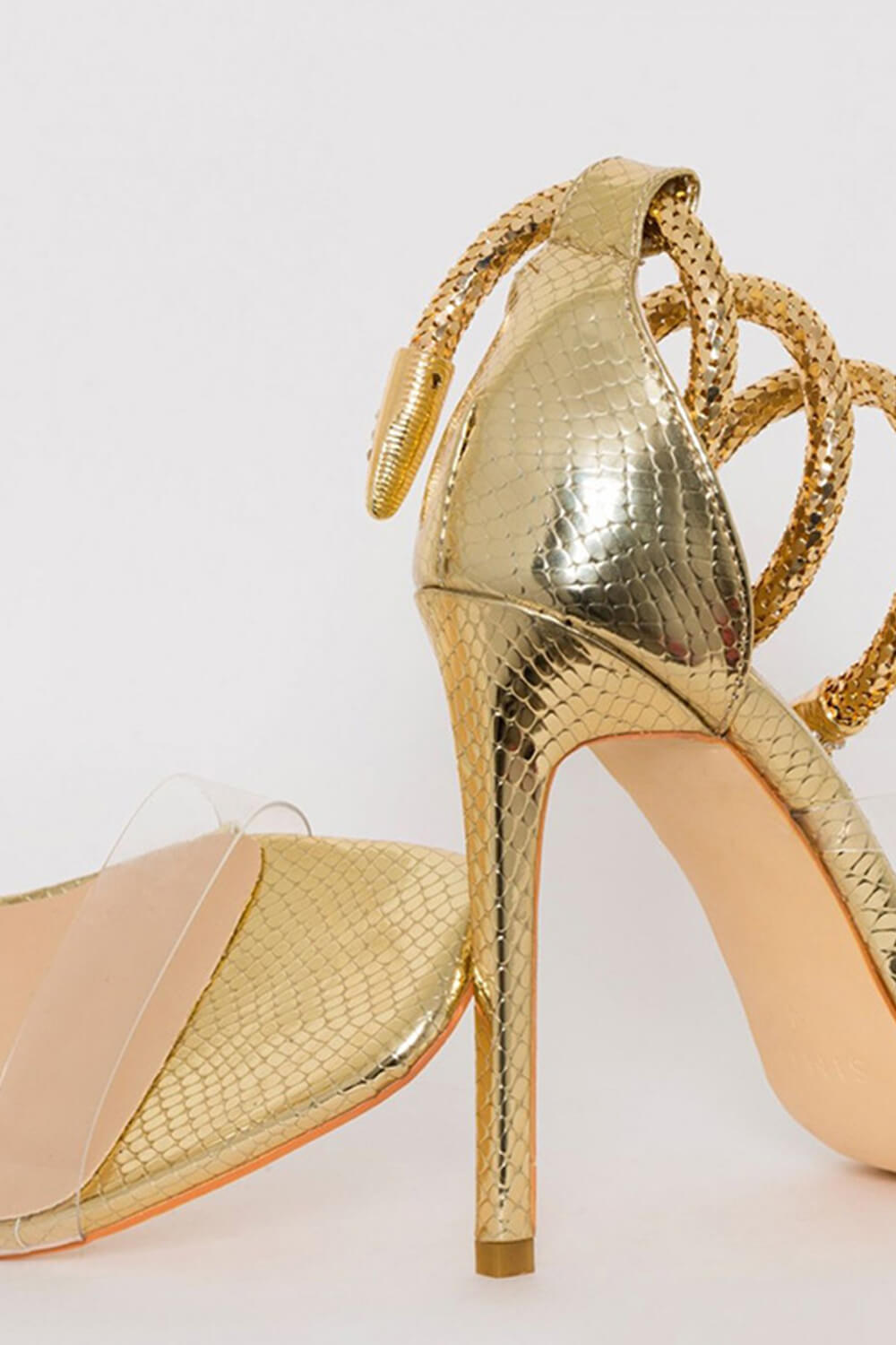 Faux Snake Print Ankle Spiral Open Square Toe Stiletto Sandals - Gold