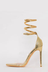 Faux Snake Print Ankle Spiral Open Square Toe Stiletto Sandals - Gold
