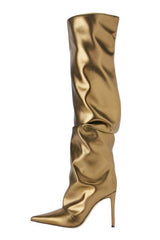Faux Leather Pointed Toe Slouchy Knee High Stiletto Boots - Gold