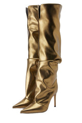 Faux Leather Pointed Toe Slouchy Knee High Stiletto Boots - Gold