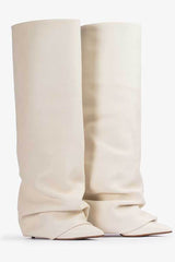 Faux Leather Pointed Toe Folded Knee High Stiletto Boots - Cream