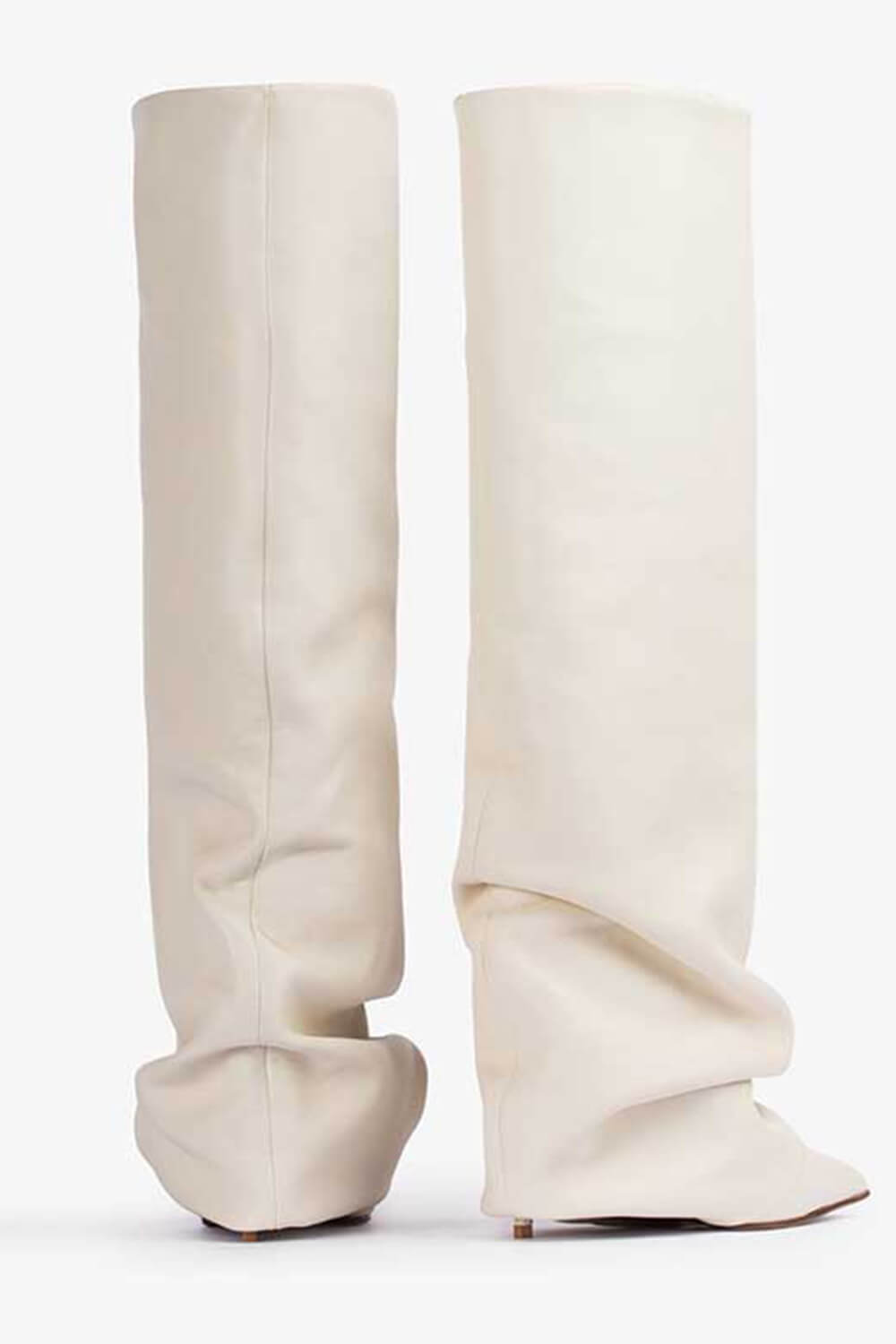 Faux Leather Pointed Toe Folded Knee High Stiletto Boots - Cream