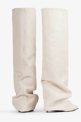 Faux Leather Pointed Toe Folded Knee High Stiletto Boots - Cream