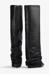 Faux Leather Pointed Toe Folded Knee High Stiletto Boots - Black