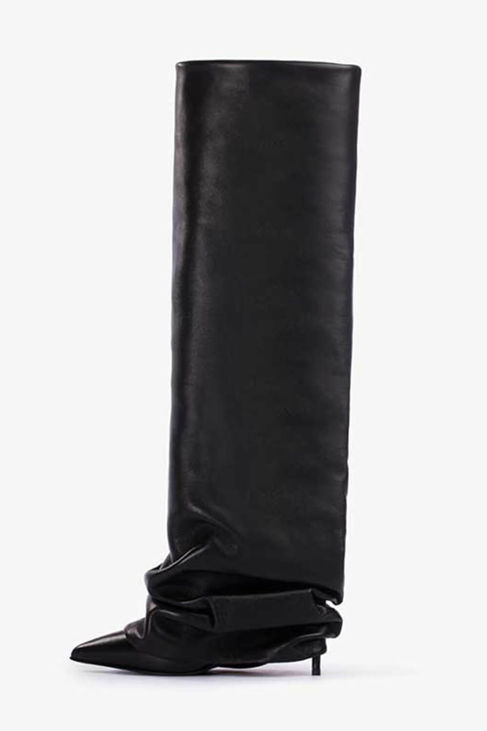 Faux Leather Pointed Toe Folded Knee High Stiletto Boots - Black